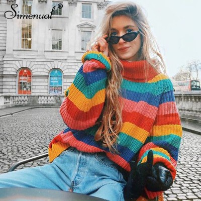 Rainbow turtleneck knitted striped oversized sweater